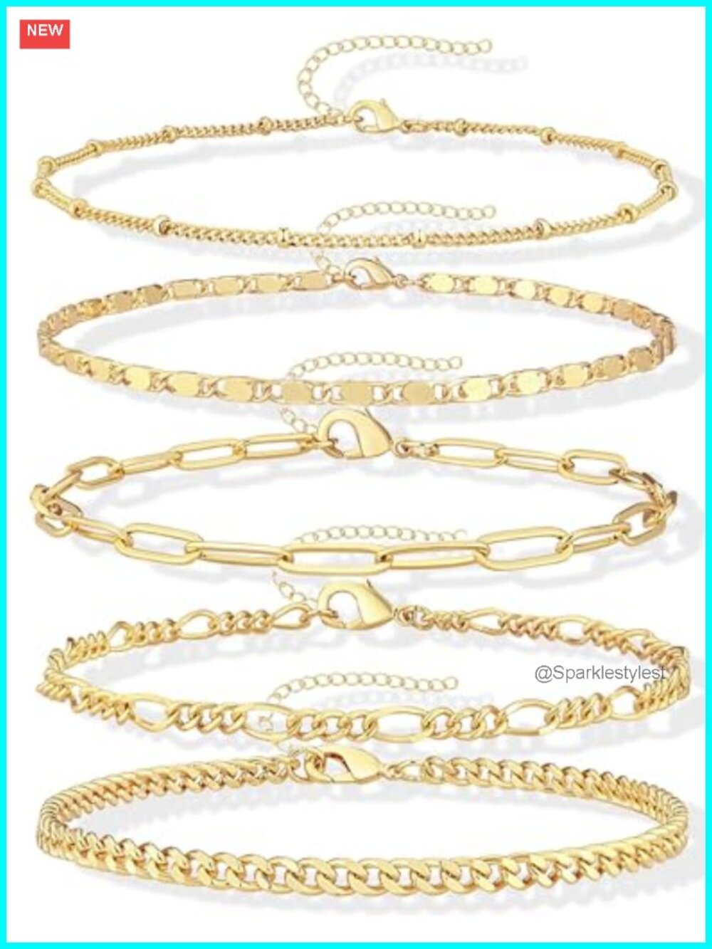 14k Gold Plated Layered Cuban Figaro Link Chain Anklets Set Adjustable